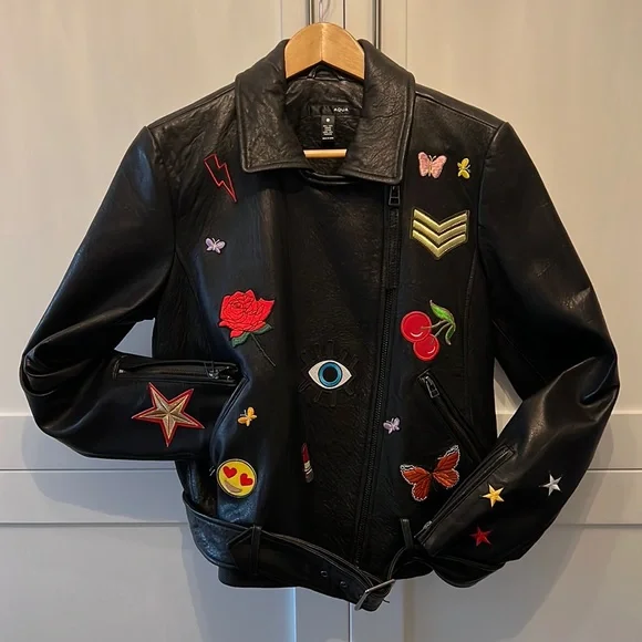 Glee Aqua Black leather emoji motor jacket Sz L - Picture 1 of 8